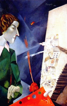 Marc Chagall Painting - Autorretrato con paleta contemporánea de Marc Chagall
